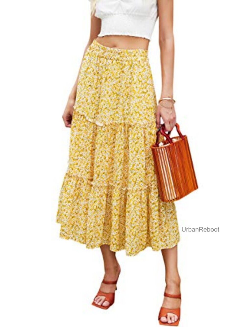 Midi Floral A-Line Skirt Cotton Blend High Waist Pleated